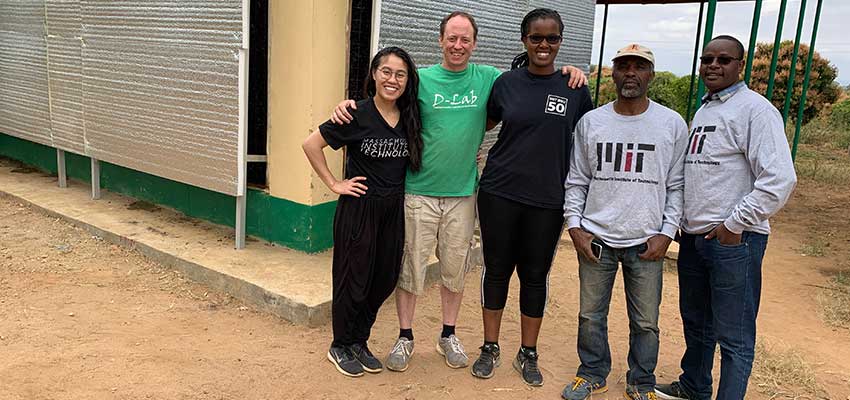 Evaporative cooling team at farming cooperative center in Masii, Kenya. From left: Trang Luu, Eric Verploegen, Carene Umubyeyi, research partners from the University of Nairobi El-Yakhim Mwachoni and Benson Maina.