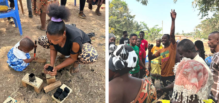 Two photos of people making charcoal briquettes.