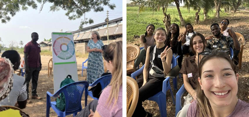 Left: A man and a woman outside, flanking a large graphic of the design process, standing before a group of people seated. Right: MIT and KNUST students listening along.