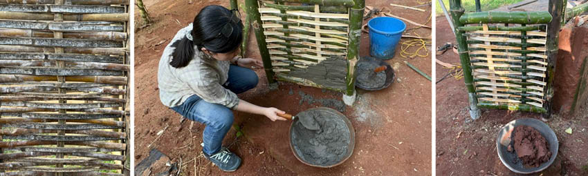 Left: Completed bamboo weaving. The faces of horizontal bamboo strips alternate throughout the weave. Center: Traditional cement mixture. Right: Cement mixture with red mud. 